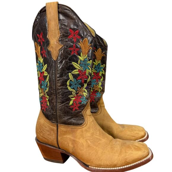 Chaparral Embroidered Womens Western Cowgirl Boots Floral Brown Square Toe sz 10 - Picture 1 of 16